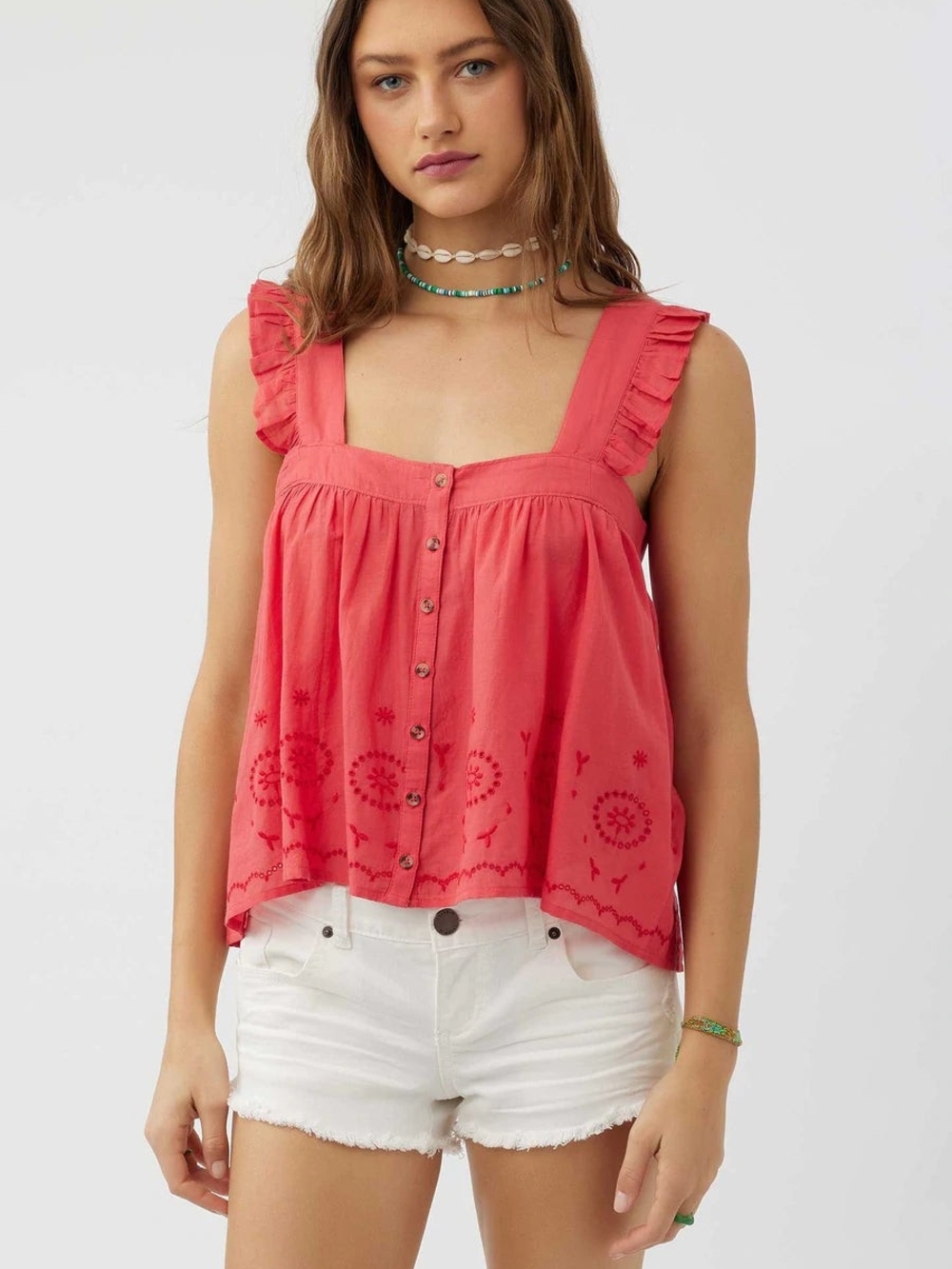 O'Neill Coral Ruffled Strap Button-Front Tank